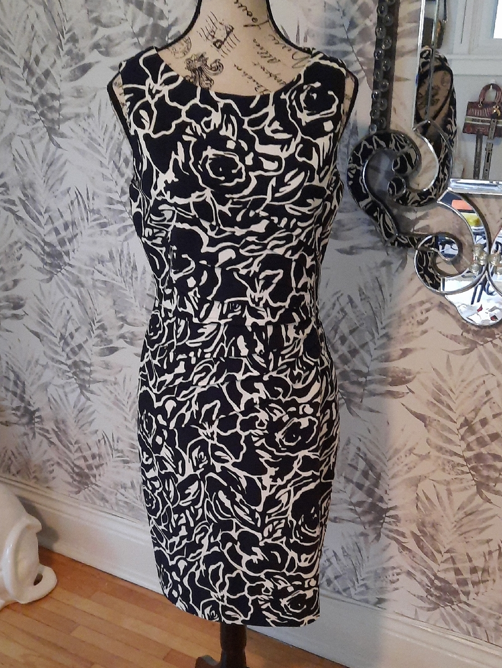 Ivanka Trump Black and White Floral Sheath Midi Dress